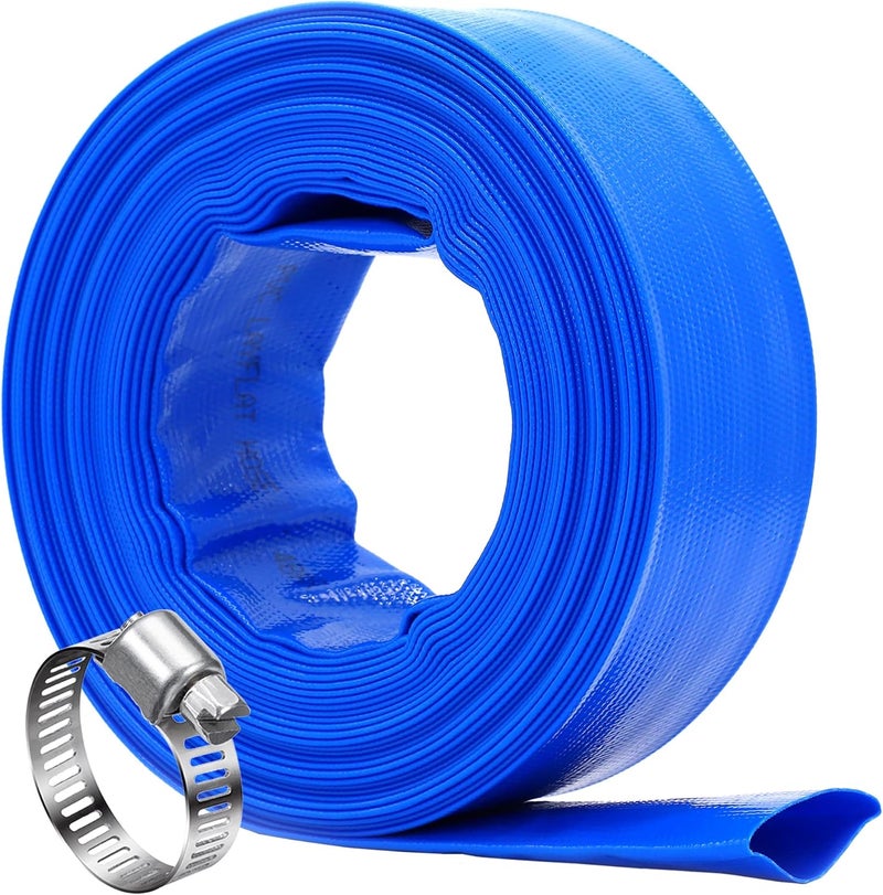 DAVCO 2" x 50 ft Pool Backwash Hose, Heavy Duty Reinforced Blue PVC Lay Flat Water Discharge Pump Hoses For Swimming Drain Pools and Clean Filters,with 1 Clamp - Image 1